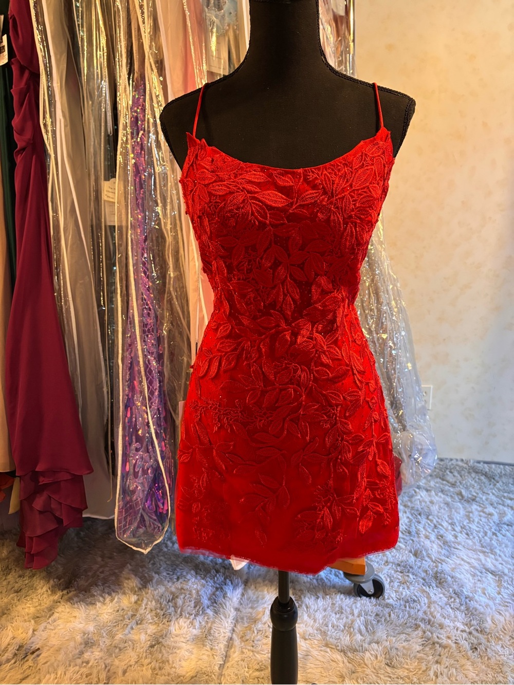 Amarra 20116 Embroidered Leaf Appliqué Mini Homecoming in Red